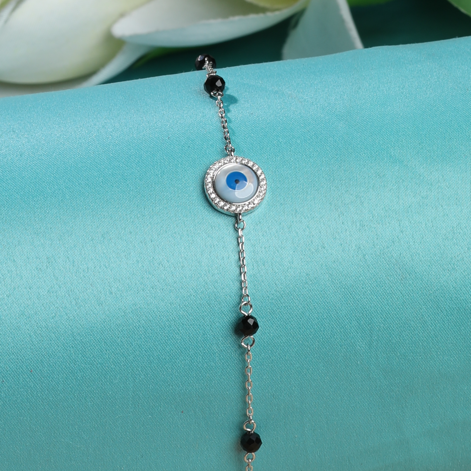 Evil Eye &amp; Black Beads Rose Gold Rhodium Plated Bracelet